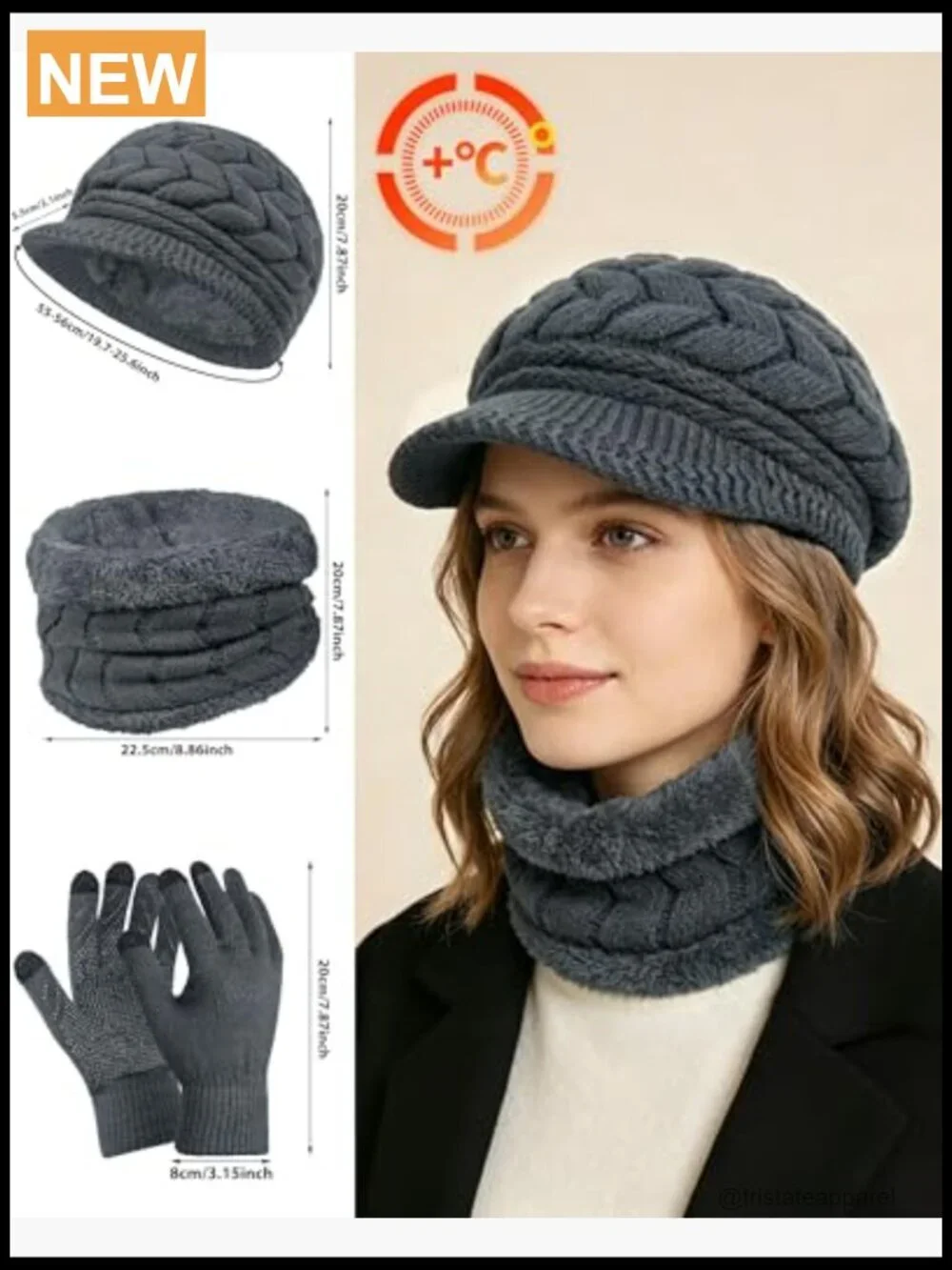 3-Piece Knit Hat Gloves Scarf Set Touch Screen Mittens Winter Beanie Neck Warmer